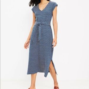 LOFT Striped Tie Waist V-Neck Midi Dress Size XL Spring 2022